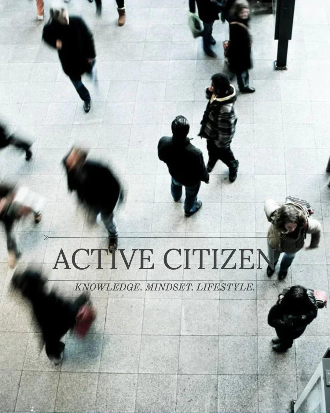 Overhead view of a crowd crossing a plaza, most of them blurred with motion, under the Active Citizen title card